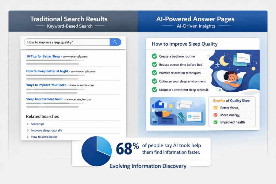 Traditional vs AI search comparison: keyword-based results vs AI-powered answer pages for sleep quality improvement.