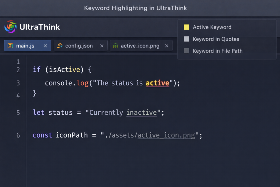 UltraThink keyword highlighting demo showing active keywords in yellow, quoted text in light gray, and file paths in dark ...