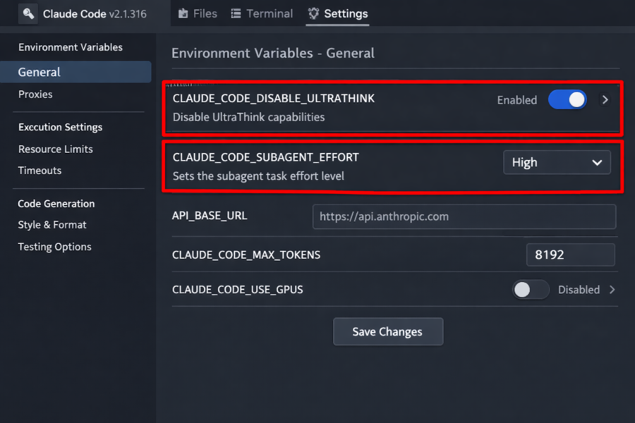 Claude Code v2.1.316 Settings: Environment Variables with UltraThink disabled and Subagent Effort set to High