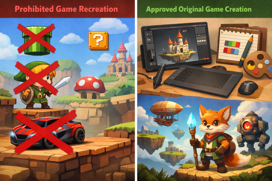 Prohibited vs. approved game creation: recreating existing games banned; original game development with design tools encou...