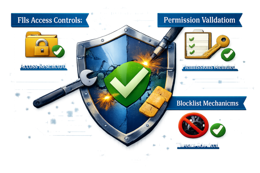 File security protection diagram showing access controls, permission validation, and blocklist mechanisms with shield and ...