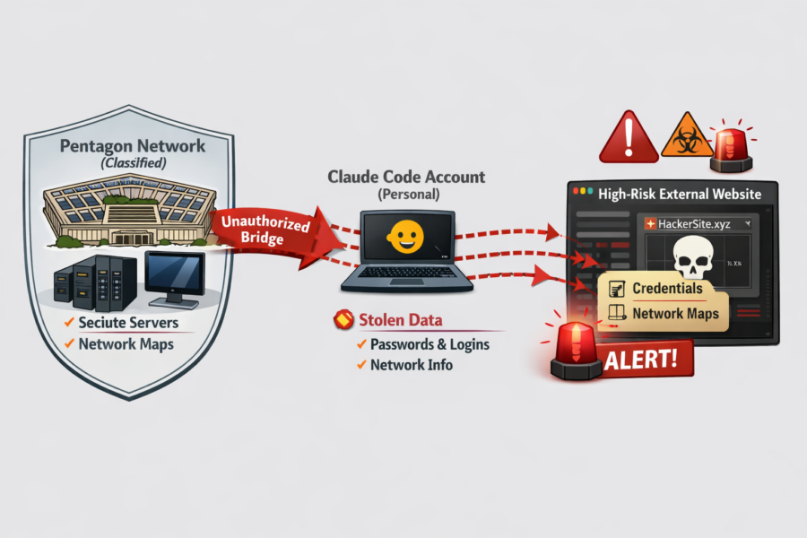 Security breach diagram: Pentagon classified network compromised via Claude Code account, exposing credentials and network...