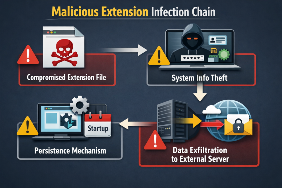 Malicious extension infection chain diagram showing compromised files, system info theft, persistence mechanisms, and data...