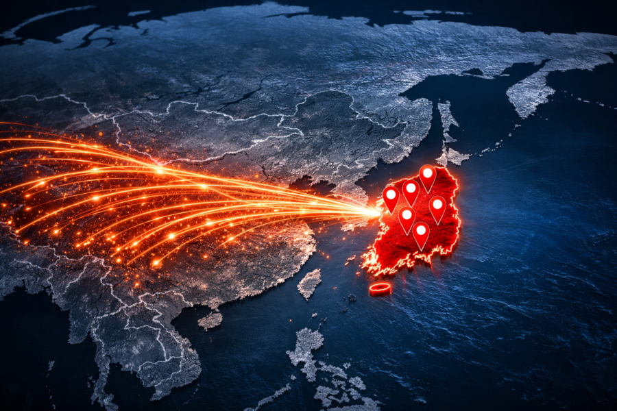 AI cyber attack on South Korea banks visualization with location pins and data flow connections across Asia network map.