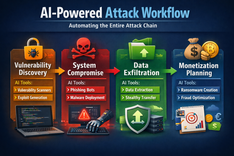 AI-powered attack workflow diagram showing vulnerability discovery, system compromise, data exfiltration, and monetization...