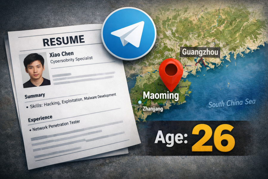 Resume of Xiao Chen, cybersecurity specialist in Maoming, China, age 26, linked to South Korean bank hacking attacks.