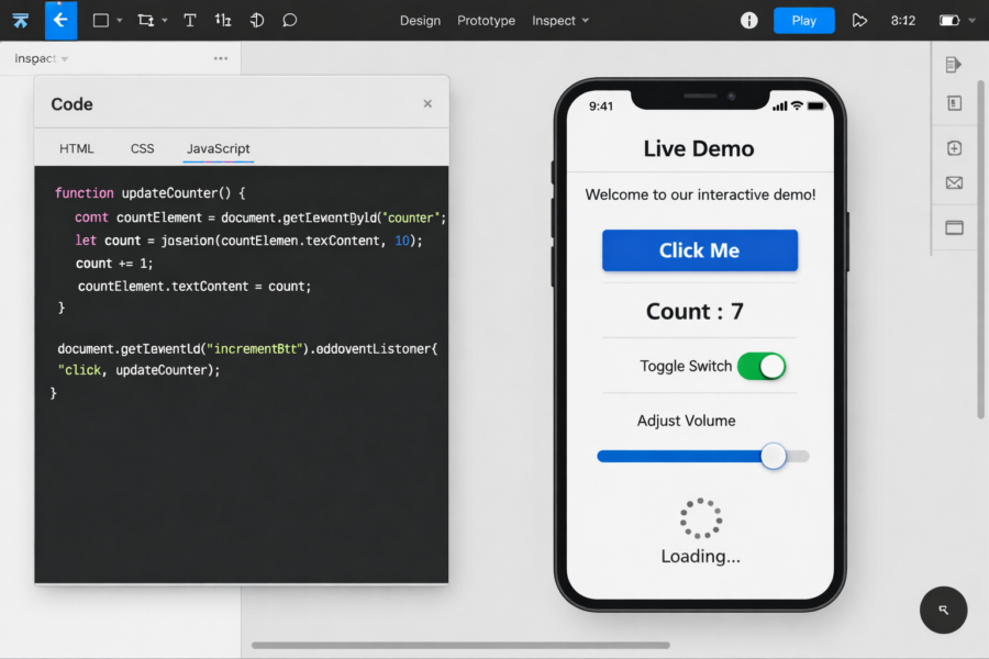 Figma Code Layers beta showing JavaScript function with live mobile app preview displaying interactive demo UI components.
