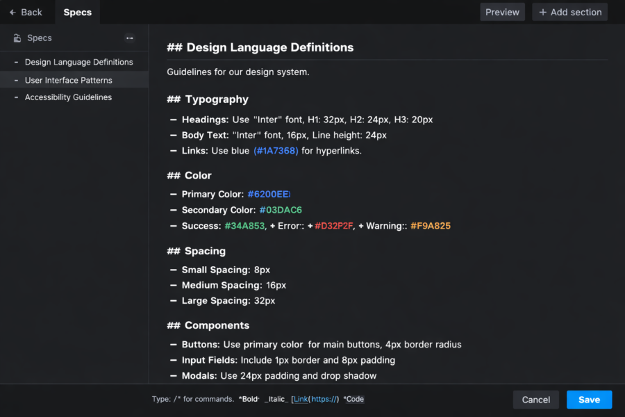 Design system specs document showing typography, color, spacing, and component guidelines for UI design standards.