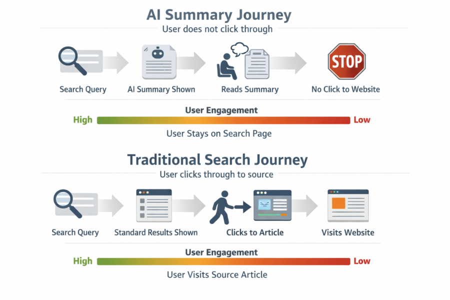Comparison of AI summary search journey vs traditional search journey showing user engagement and traffic impact on publis...