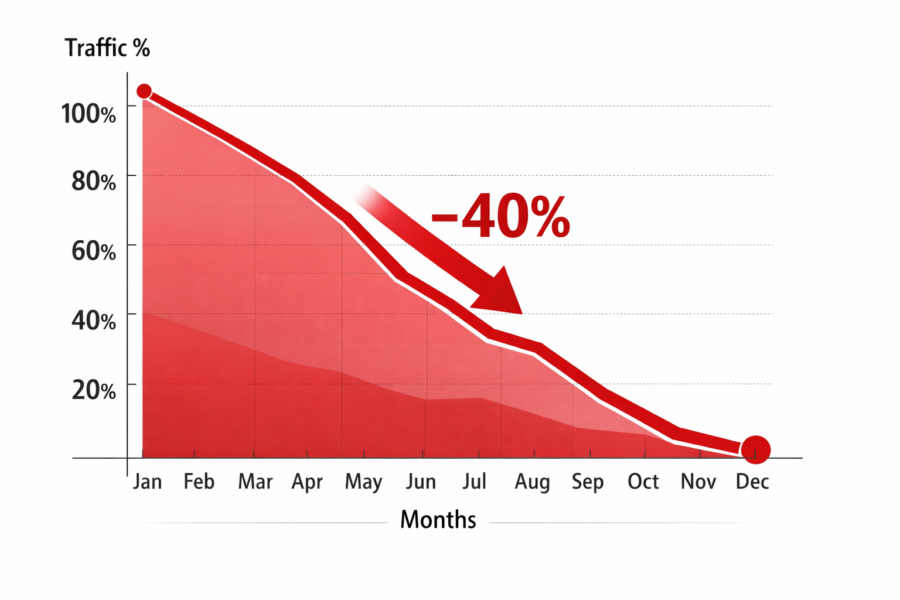 Traffic decline chart showing 40% drop from January to July, with recovery trend through December representing publisher i...