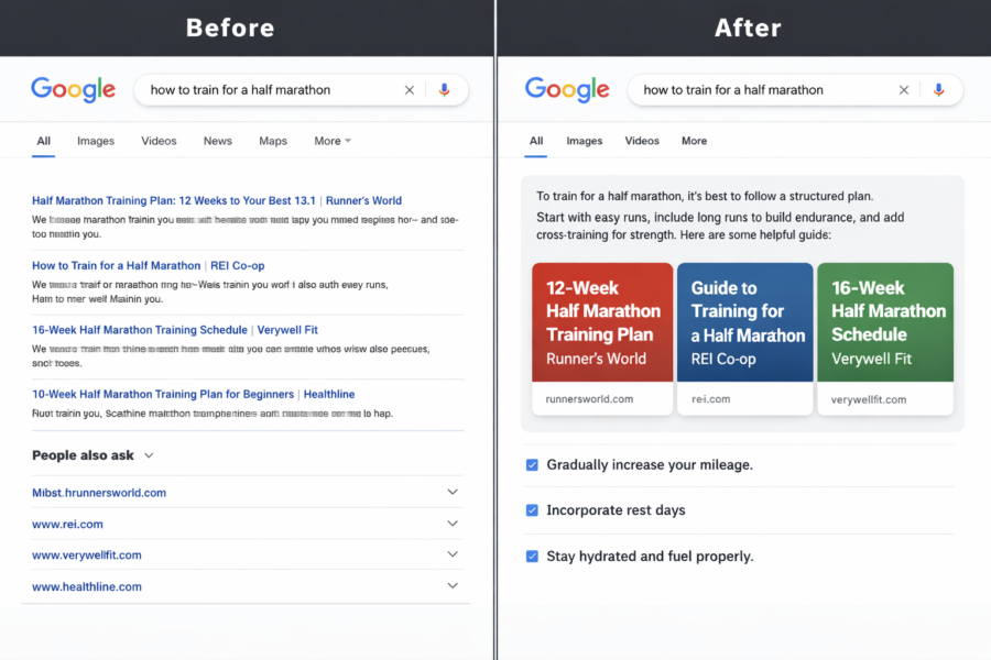 Google search results before and after AI overview showing half marathon training guides with enhanced visual cards and he...