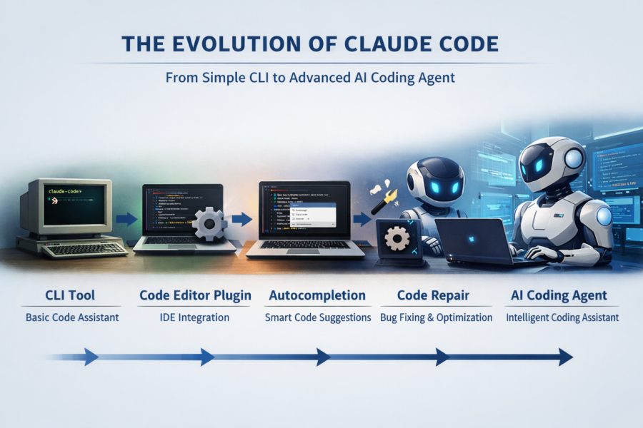 Claude Code evolution timeline: CLI tool to AI coding agent showing five development stages from basic assistant to intell...