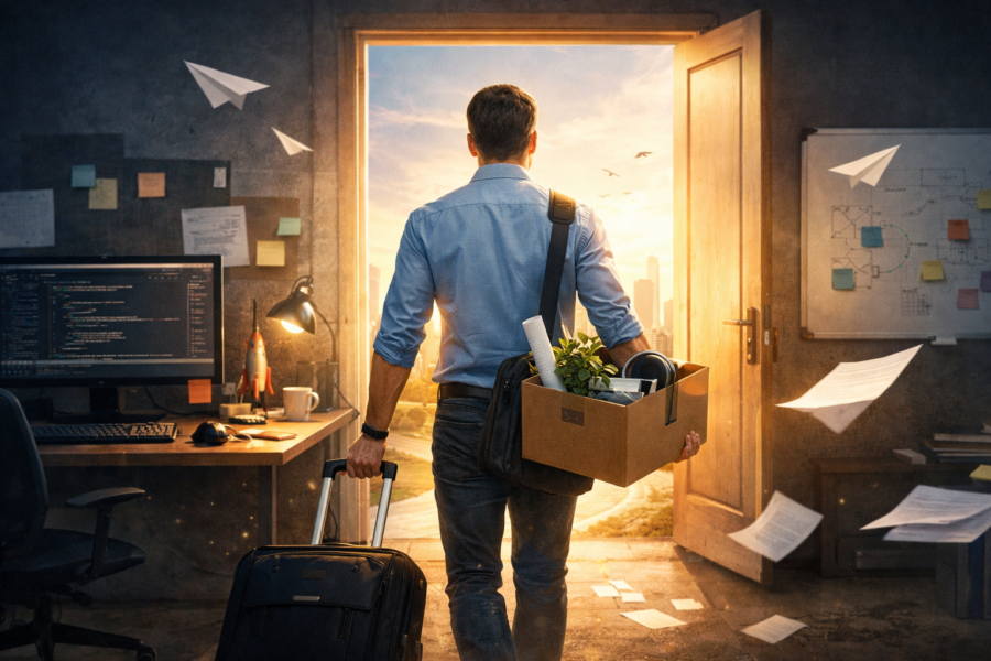 Professional leaving office with cardboard box, symbolizing career transition and AI evolution in tech industry