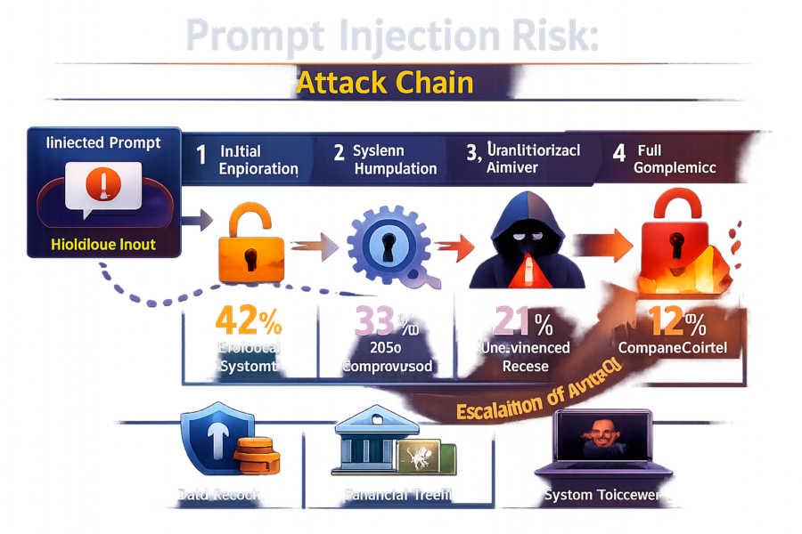 Prompt injection attack chain diagram showing escalation from initial exploitation through system compromise with risk per...