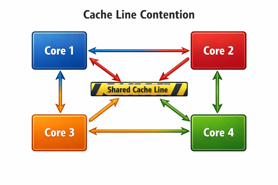 Cache line contention diagram showing 4 cores sharing a cache line, illustrating multi-core processor performance issues.