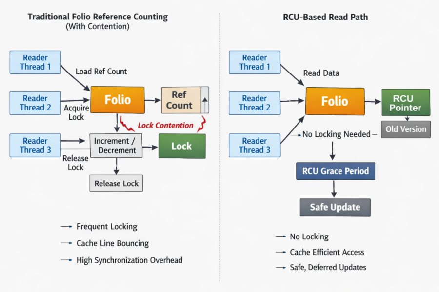Traditional folio reference counting vs RCU-based read path comparison showing lock contention reduction and cache efficie...