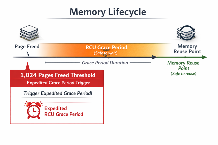 Memory lifecycle diagram showing RCU grace period from page freed to memory reuse point with expedited grace period trigge...