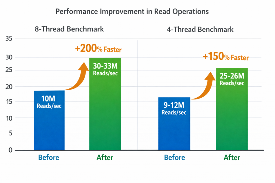 Performance benchmark chart showing 200% faster 8-thread and 150% faster 4-thread read operations improvements with Claude...