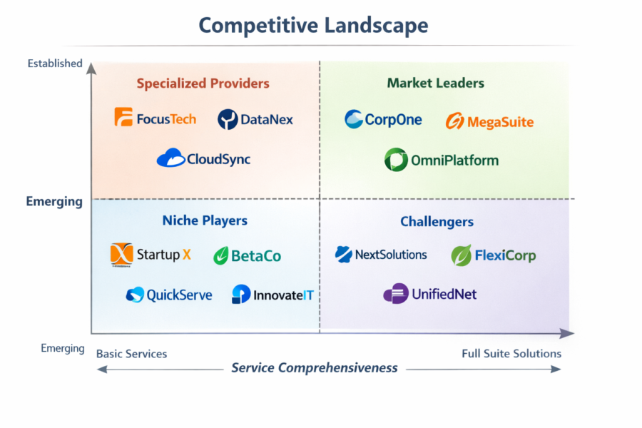 Competitive landscape matrix showing software providers positioned by market establishment and service comprehensiveness a...