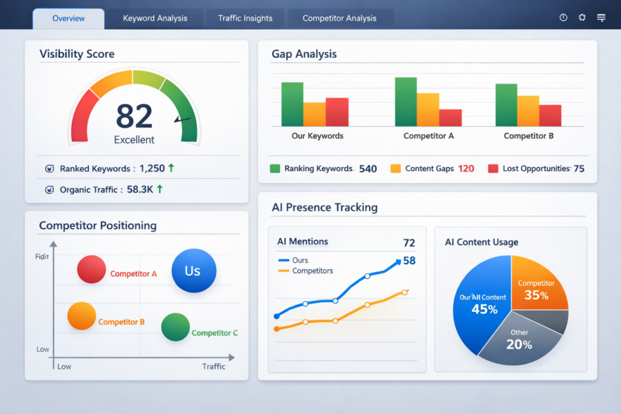 SEO dashboard showing visibility score of 82, keyword rankings, AI content usage tracking, and competitor positioning anal...