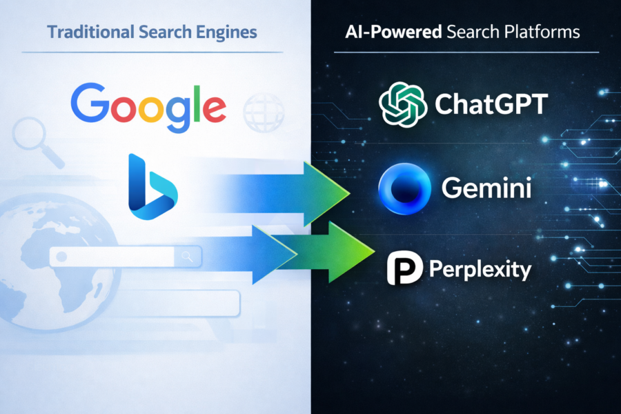 Traditional search engines like Google and Bing transitioning to AI-powered search platforms ChatGPT, Gemini, and Perplexi...