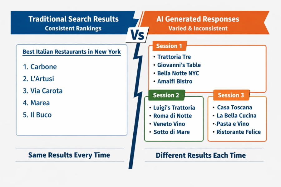 Traditional search vs AI generated responses: consistent rankings vs varied inconsistent results for Italian restaurants i...
