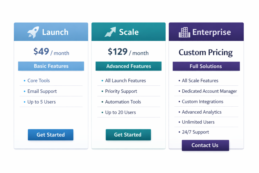Three software pricing tiers: Launch ($49/month), Scale ($129/month), and Enterprise (custom pricing) with features and su...